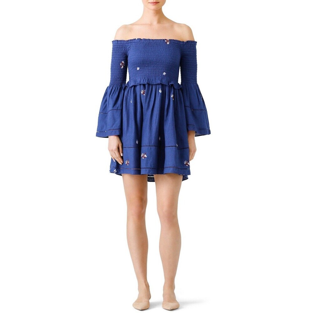 Free People New Size L Counting Daisies Blue‎ Embroidery Off Shoulder Dress